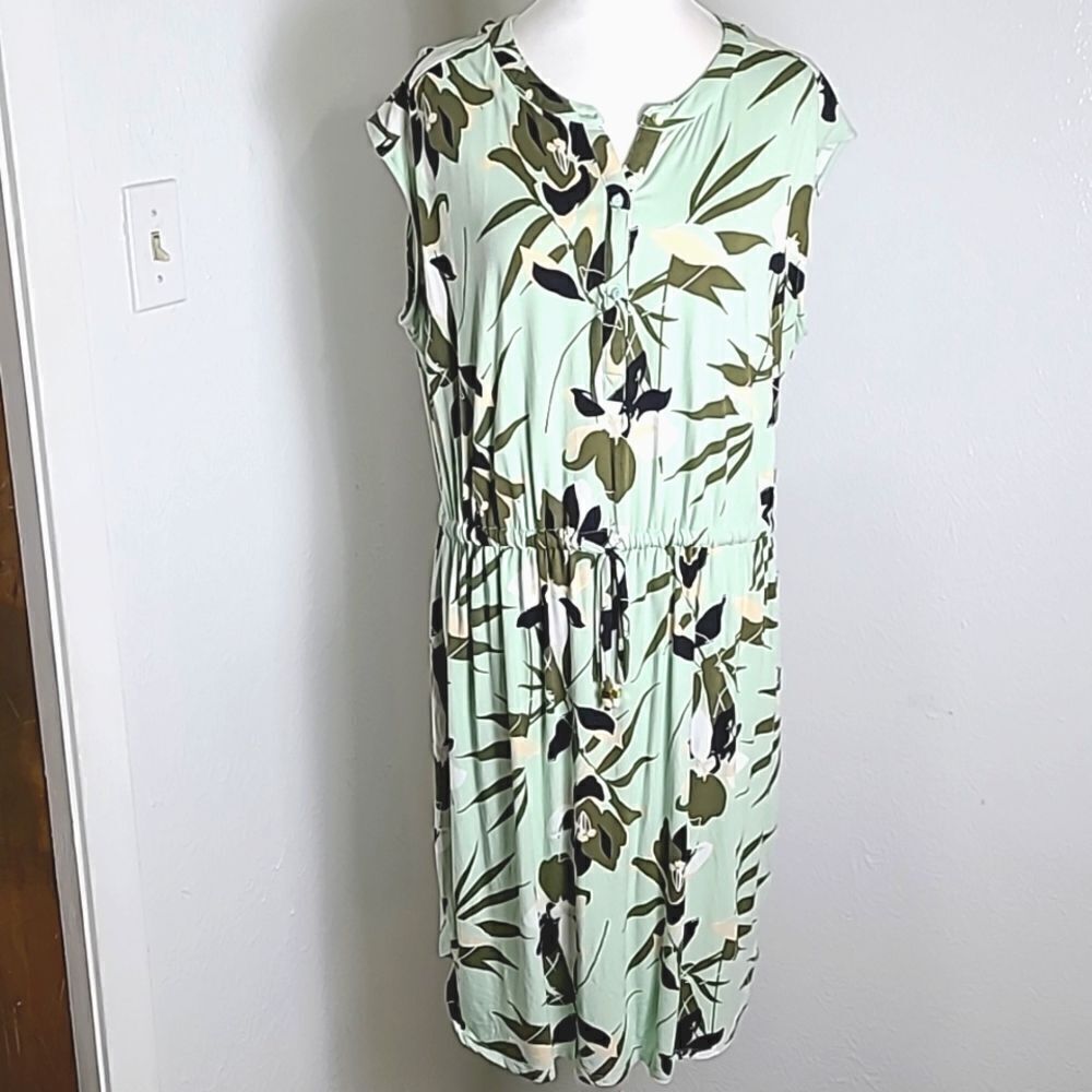 Liz Claiborne Mint Green Floral Dress, Sleeveless, Drawstring Waist, Size XL